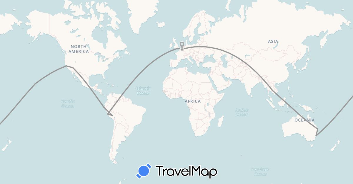 TravelMap itinerary: driving, plane in Australia, Belgium, United Kingdom, Cambodia, Peru, United States (Asia, Europe, North America, Oceania, South America)